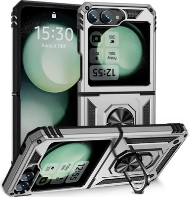 Obrázek produktu pro Pouzdro pro Samsung Galaxy Z Flip 6 / Z Flip 7 FE dvouvrstvé robustní, vojenská ochrana pouzdro s držákem prstenu a stojánkem Stříbro