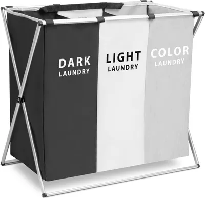 A three-compartment laundry basket with a foldable metal frame.
