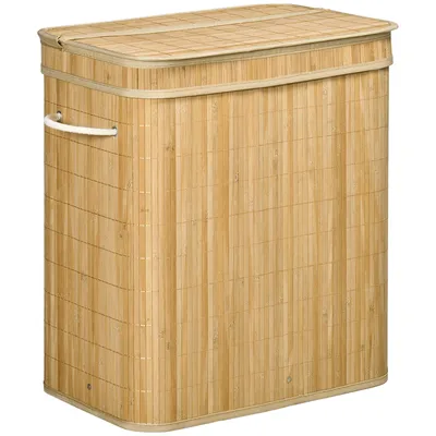 Zdjęcie produktu dla Kosz na pranie HOMCOM z pokrywką, 90 l, pojemnik na pranie z uchwytami, 2 wyjmowane worki na pranie, składany, pojemnik na pranie do pralni, sypialni, łazienki, naturalny