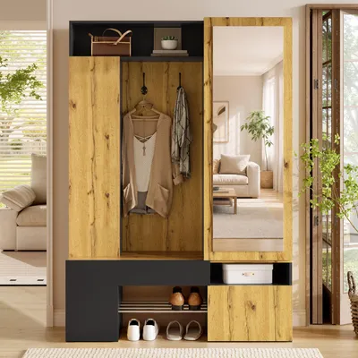 Produktbild von Merax Garderobenschrank mit Spiegel, Schuhschrank, Flurschrank, Garderobe Set mit Kleiderstange und Haken, Eingangsgarderobe aus MDF, Schwarz + Natur