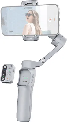 A smartphone gimbal stabilizer with a remote control and a mini tripod, all in a light gray color.