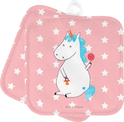 Produktbild von Mr. & Mrs. Panda topfhalter Einhorn Baby - Rot Pastell - Geschenk, Einhörner, Geburt, Kochlappen, Topflappen, Mutter, Ofenlappen, 2er Set, Party, Unicorn, Topfuntersetzer