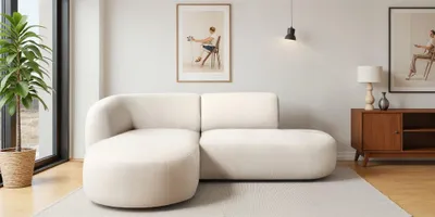 Produktbild von Ecksofa Designersofa BABETTE in Stoff Lins Creme Ottomane Links