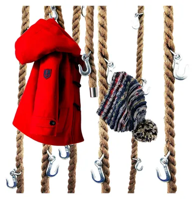 Produktbild von Garderobe aus Jute-Seil mit Metallhaken zum Aufhängen an Decke und Wand im Industrial-Design - Praktisch, elegant, platzsparend - 3x Seilgarderobe 200 cm lang und 18 Stahlhaken