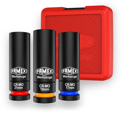Produktbild von FAMEX 10807 Profi Schoneinsätze, Radmutteinsätze aus Chrom-Molybdän Stahl 17 / 19 / 21 mm, äußerst robust