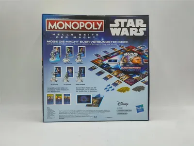 The back of a Hasbro Star Wars Monopoly board game box, showing game components and descriptions.