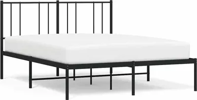 A black metal bed frame with a white mattress on a white background.