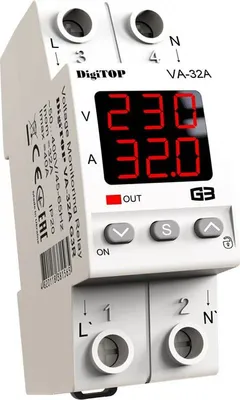 A white voltage monitoring relay with a digital display and buttons.