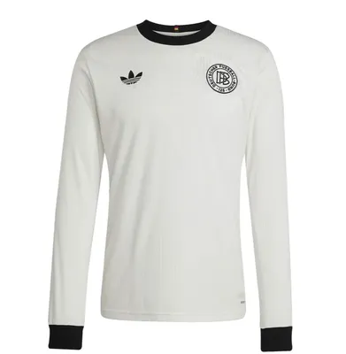 A white long-sleeved t-shirt with black trim on the collar and cuffs. It features the Adidas logo and a circular DFB emblem on the chest.