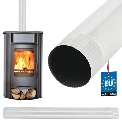 A wood-burning stove with a flue pipe and a separate flue pipe shown. A 'Made in EU' tag is attached to one of the flue pipes.