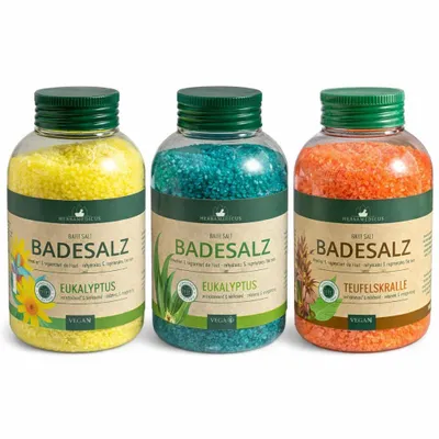 Produktbild von 3x 575 g Herbamedicus Badesalz Arnika,Eukalyptus,Teufelskralle