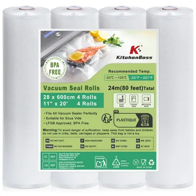 Obrázek produktu pro Fólie a sáčky na vakuové balení KitchenBoss: 28 x 600 cm, 4 role vakuových sáčků