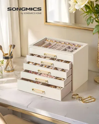 Produktbild von SONGMICS Schmuckkästchen aus Holz mit Glasdeckel, Schmuck Organizer mit 5 Ebenen, 24 x 17,2 x 18,4 cm, Weiß