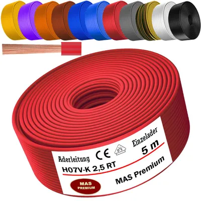 Zdjęcie produktu dla Przewód elektryczny 5 metrów, typ H07 V-K RT, jednożyłowy, elastyczny, kolor czerwony, przekrój 1x2,5 mm²