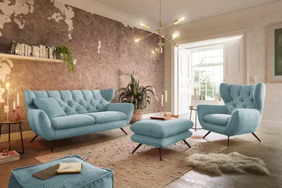 Produktbild von KAWOLA Sitzgruppe CHARME 2-Sitzer Sessel Hockerbank Cord hellblau