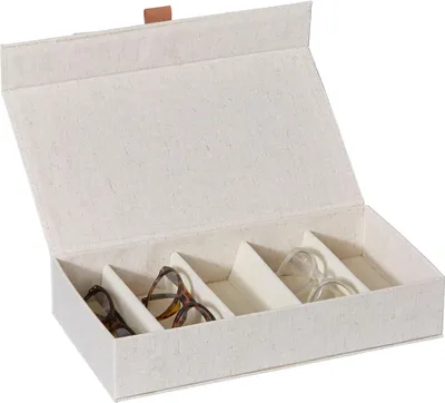 Imagen del producto de Caja para gafas, con capacidad para 5 gafas, fabricada en algodón y lino, con forro de terciopelo, dimensiones: 30x17x6 cm. Ideal para guardar gafas en casa