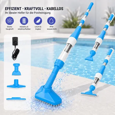 Produktbild von 3 in1 Poolsauger Kabelloser, Akku Handpoolsauger, 90 Min Laufzeit, Teleskopstange & Bürste, Mit Filterelement, für Sand und Schmutz, 0.23L, Blau