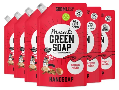 Productafbeelding van 6x Marcel's Green Soap Handzeep argan & Oudh navul (500 ml)