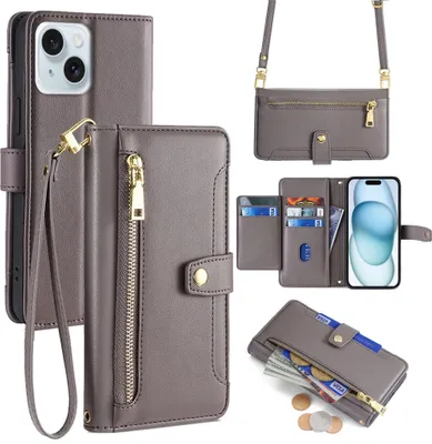 Produktbild von Handykette iPhone Hülle mit Band Handyhülle Kartenfächer Kunstleder Umhängetasche iPhone 15 Grau