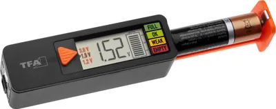 Zdjęcie produktu dla Tester baterii, BatteryCheck, do baterii i akumulatorów (AAA, AA, C, D), ogniwa guzikowe, baterie blokowe, wyświetlanie stanu naładowania/napięcia, szybki i łatwy, czarny
