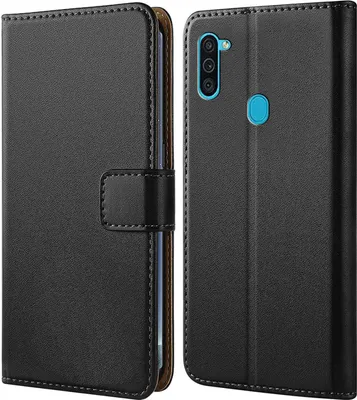 A black flip-style phone case is shown from the front and back.