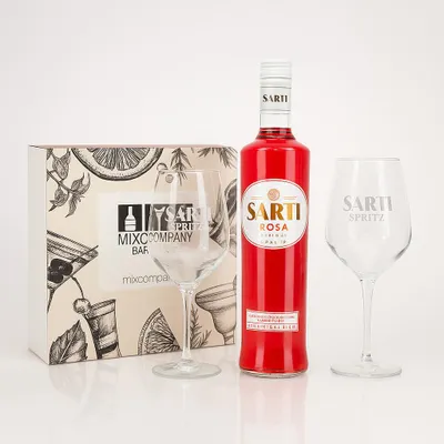 Produktbild von Sarti Spritz Geschenkset – Sarti Rosa 0,7L (14% Vol.) mit 2 Original Sarti Spritz Gläsern in Geschenkbox – Aperitivo Set- [Enthält Sulfite]