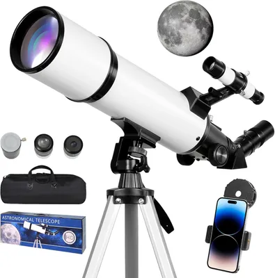 Obrázek produktu pro Teleskop pro astronomické pozorování, průměr objektivu 80 mm, ohnisková vzdálenost 60 mm, vhodný pro začátečníky (děti i dospělí), dodává se se stativem a držákem pro mobilní telefon, přenosný