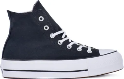 A black Converse Chuck Taylor All Star Lift Hi sneaker with a white platform sole and white laces, shown from the side against a white background.