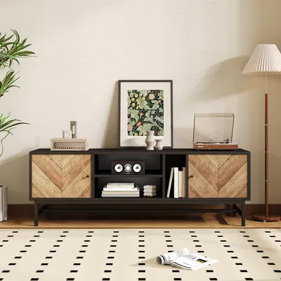 Produktbild von MERAX Lowboard Landhaus in Altholzoptik mit Eisenfüße, Fernsehtisch TV Board mit 2 Türen und 3 Regalfächer, TV- Lowboard aus Holz, Breite 150cm