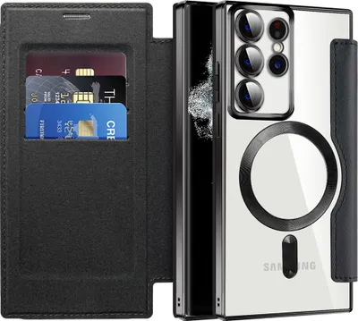 Immagine prodotto di Custodia per Samsung Galaxy S22 Ultra 5G compatibile con MagSafe, custodia trasparente con portacarte, custodia in pelle con protezione per fotocamera nera