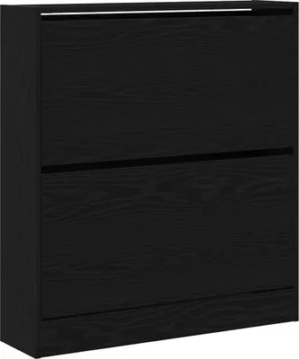A black shoe cabinet with two drawers.