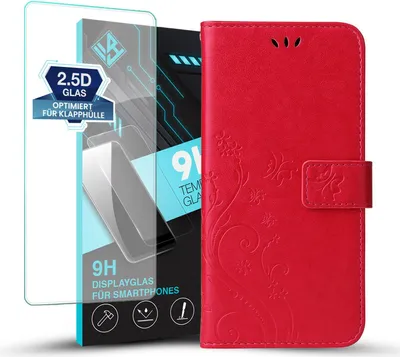 Produktbild von Handyhülle für Samsung Galaxy S24 FE mit 9H Displayglas Floral Blumen Schmetterling Flip Cover Hülle Case Klapphülle Handytasche Farbe: Rot