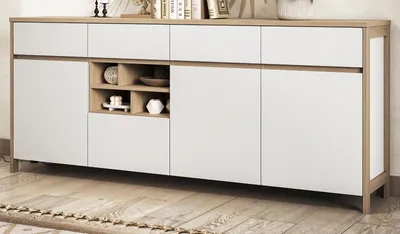 Produktbild von Sideboard "Finnes" Weiß und Eiche, 4-türige Kommode 193 x 85 cm mit Soft-Close