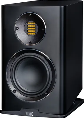 A black ELAC Carina BS 243 speaker is shown against a white background.