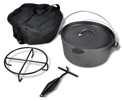 Produktbild von Zimilo Dutch Oven 4,2L Gusseisen Feuertopf, BBQ, mit Deckelheber, Ständer, Transporttasche, kompakt, Outdoor Kochset