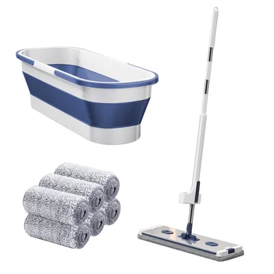 Produktbild von Wischmops,mit 6 Lappen + 1 Wischeimer + 1 Wischmopp Clip Flachmopp Set, 45 cm Aluminiumlegierung Flachmopp und Bodenreinigungsset