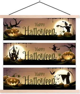 Produktbild von MuchoWow® Textilposter Eine dreiteilige Illustration von Halloween 40x40 cm mit holzfarbenen Rahmen - Posterleiste