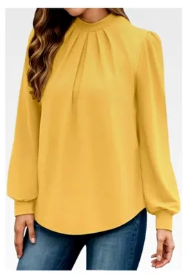 Produktbild von Damenbluse Elegant mit Stehkragen Langarmshirt Plissee Einfarbig Tunika Freizeitoberteile Lässige Blusenshirts