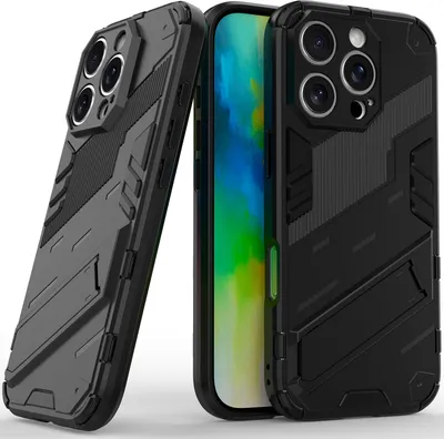 Produktbild von Armor Hülle für iPhone 16 Pro Hybrid PC TPU Bumper Stoßfestes Schutzhülle mit Standfunktion Schwarz