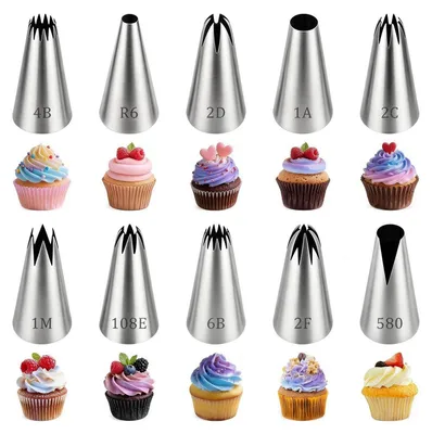 Immagine prodotto di Set di beccucci per sac à poche, 10 pezzi, in acciaio inossidabile, riutilizzabili, per torte e biscotti