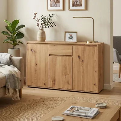 Produktbild von Wohnzimmer Sideboard 137 cm breit 45 cm tief in Eiche mit 3 Türen & 1 Schublade - ZOLLINO-129