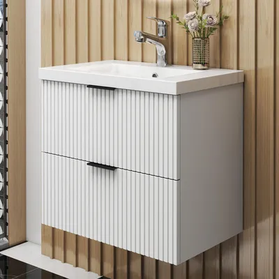 Produktbild von AICA Waschbeckenunterschrank Weiß Matt 60cm Dickes Keramik Waschtisch mit Unterschrank,2 Softclose-Schubladen,geriffelte Schubladentüren