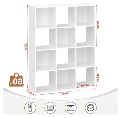 Produktbild von Bücherregal mit 12 Fächern, freistehendes Würfelregal, Raumteiler Regal, modernes Standregal, für Wohnzimmer, Kinderzimmer, Büro, Schlafzimmer, 91x120x29 cm, weiß