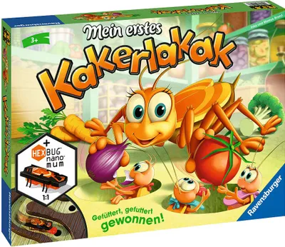 The image shows the box of the board game "Mein erstes Kakerlakak" by Ravensburger. The box features cartoon illustrations of insects and vegetables, with the game title prominently displayed.