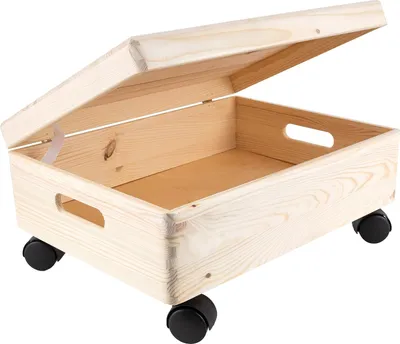 Produktbild von Creative Deco Veľká drevená škatuľa XL úložný box s vekom a kolieskami | 40x30x14 cm (+/-1 cm) | Memory Box Detská drevená škatuľa s vekom nelakovaná | Remeselnícka škatuľa s držadlami