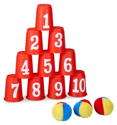 Produktbild von Relaxdays Dosenwerfen für Kinder, Büchsenwerfen Garten, 10 Kunststoffbecher & 3 Bälle, Wurfspiel Kindergeburtstage, bunt
