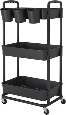 Image de Étagère à 3 niveaux, avec poignées, noire, en plastique et en fer, pour salon