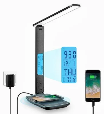 Zdjęcie produktu dla Lampa LED z funkcją ładowania przez USB i bezprzewodowo, sterowanie dotykowe, idealna do biura lub sypialni, kolor czarny