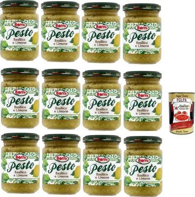Produktbild von Berni Pesto Basilico e Limone Condimento e Sugo per Pasta Basilikum Zitronen Pesto Gewürz und Pastasauce 12x 135g + Italian Gourmet polpa 400g