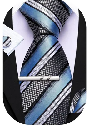 Image de Ensemble de cravates pour hommes en soie, comprenant un mouchoir de poche et des boutons de manchettes, motifs rayés et à carreaux, couleurs : noir, blanc, bleu clair